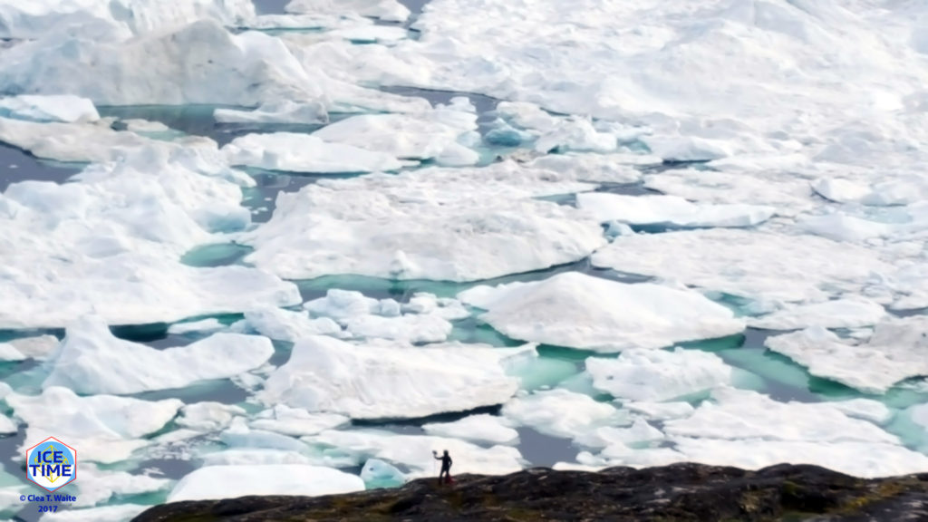 Angelika von Chamier recording sound at the Ice Fjord Ilulissat, Greenland. 6.2016